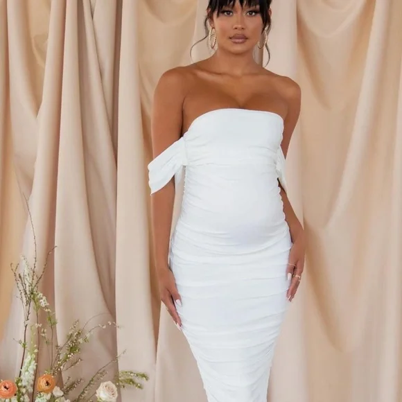 NWT Club L White Maternity Bardot Ruched Draped Midi Dress Size 8 - Picture 2 of 14